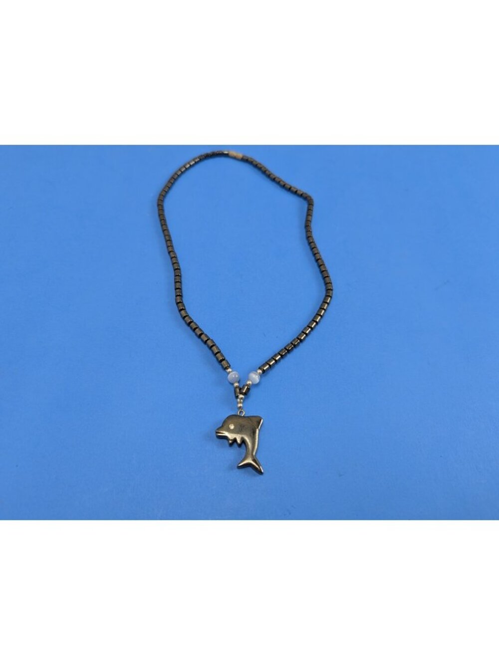 Hematite Magnetic Necklace Black Gunmetal Beaded Dolphin Pendant Rhinestone Eye